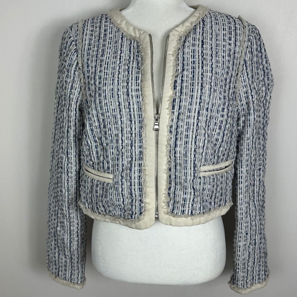 Adam Lippes Tweed Cropped Jacket Womens Size 10 Blue Silk Blend‎ $395 USD Coat - Picture 5 of 16